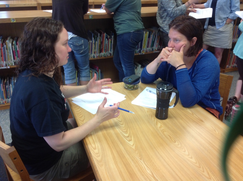 Once we developed my unit as a team, teachers worked together to develop a unit of their own. Amy and Val, our music and art teachers, respectively, discuss possible ideas for big goals in their classrooms.