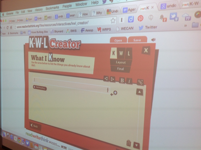 Using the KWL tool from Read, Write, Think (www.reading.org), we explored what we already know about UbD and curriculum design.